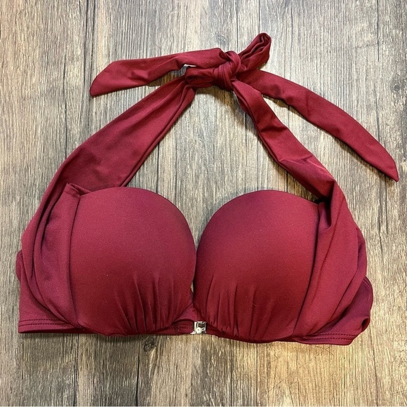 H&M Swim Dark Red Halter Bandeau Push Up Bikini Bra Top Padded Cups Size 34 A - Picture 3 of 12